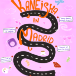 Illustration of road, pinned stopping points and big text Kaneisha in Madrid