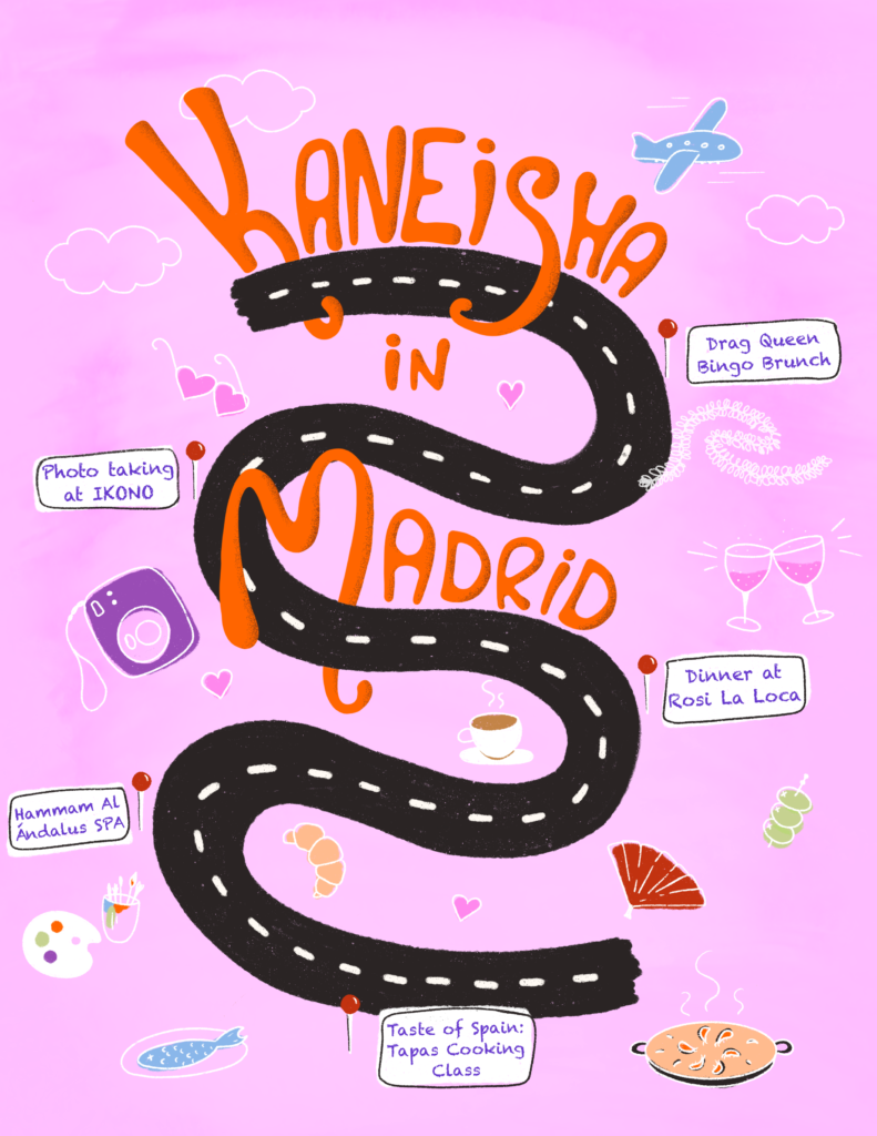 Illustration of road, pinned stopping points and big text Kaneisha in Madrid